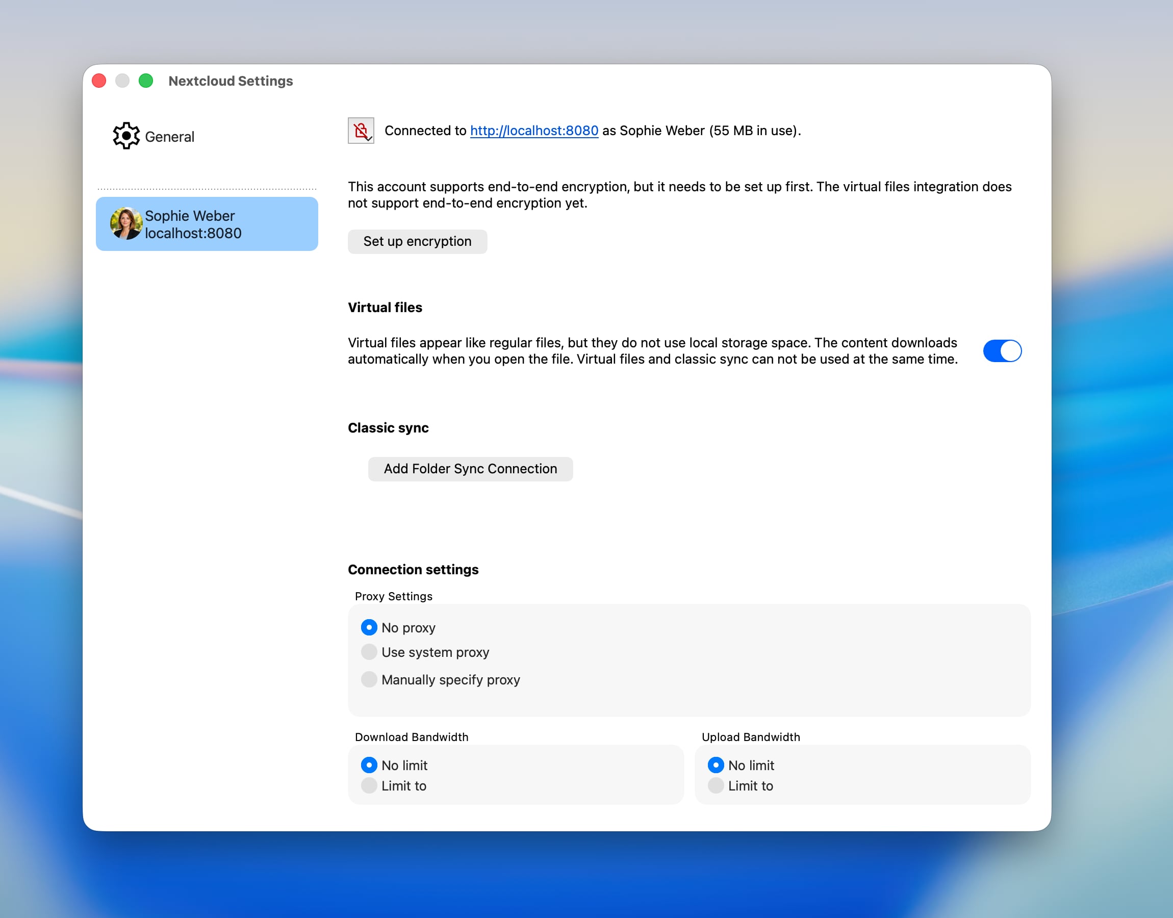 Nextcloud desktop client settings showing the macOS file provider extension toggle